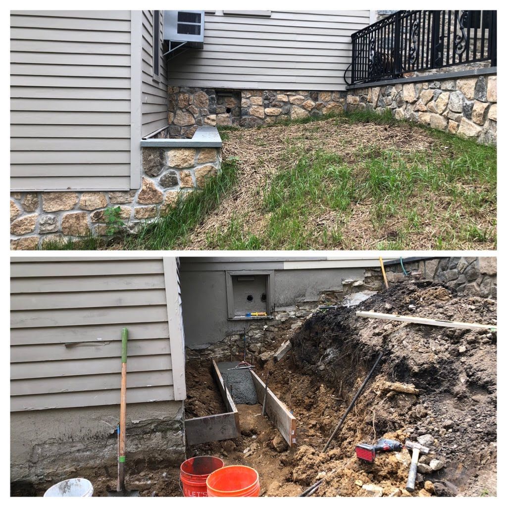 Before and after of a house foundation repair with exposed soil, stone wall, and digging equipment