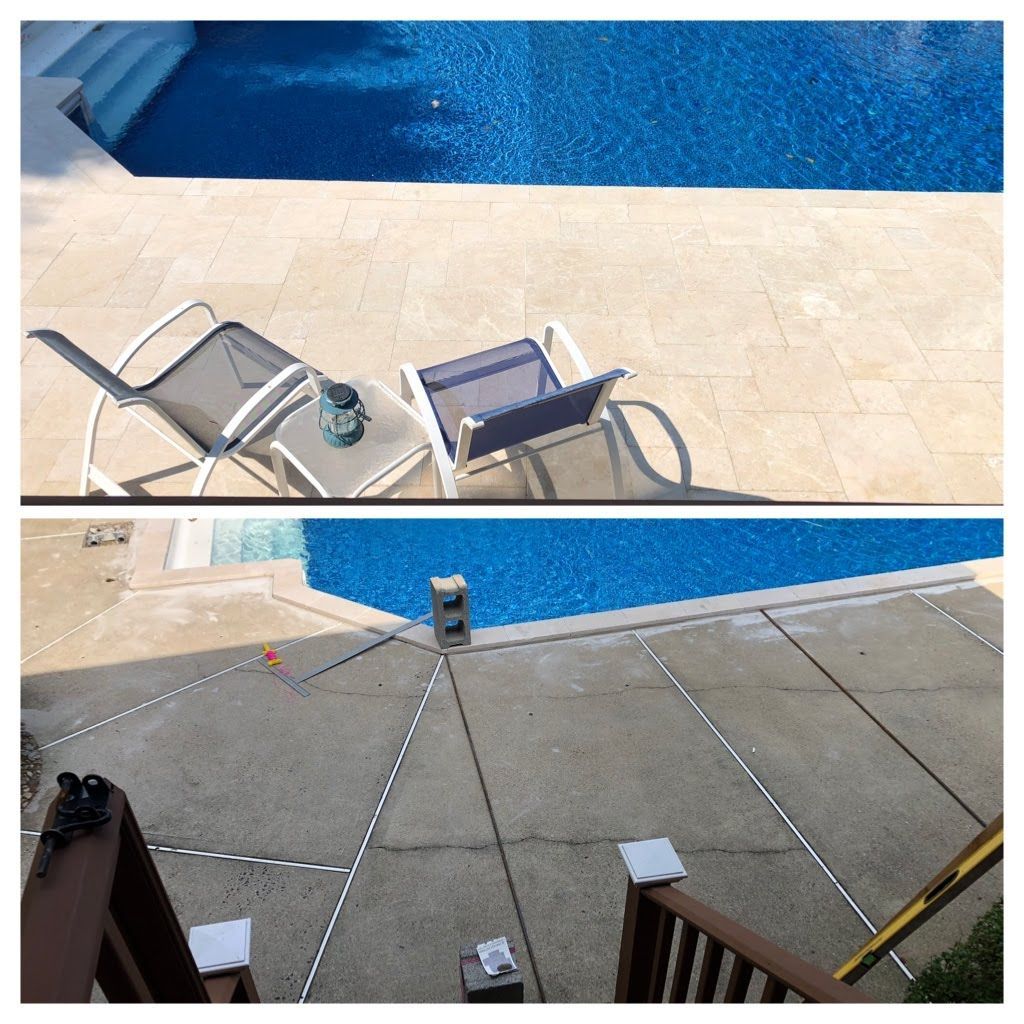 Poolside patio with lounge chairs, blue water, and a wet concrete deck marked by lane lines