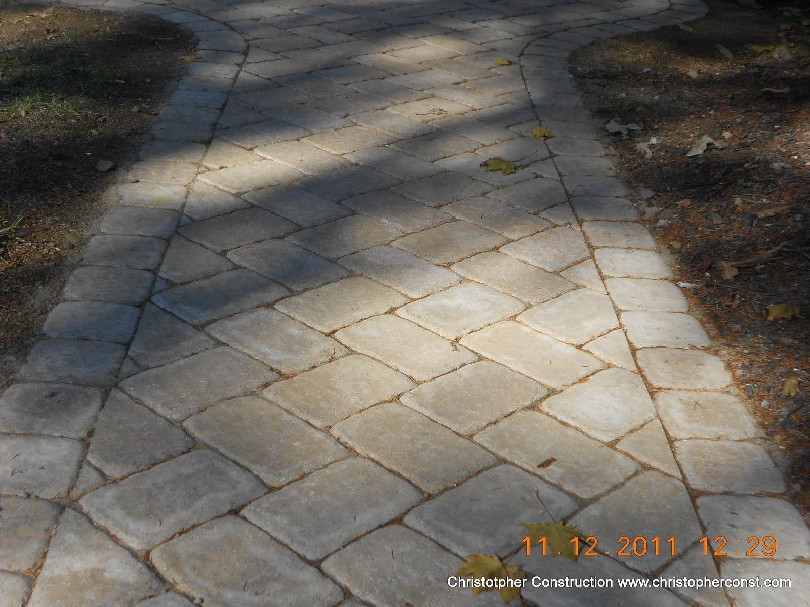 Sunlit stone walkway with leaf shadows and dry leaves along the edges