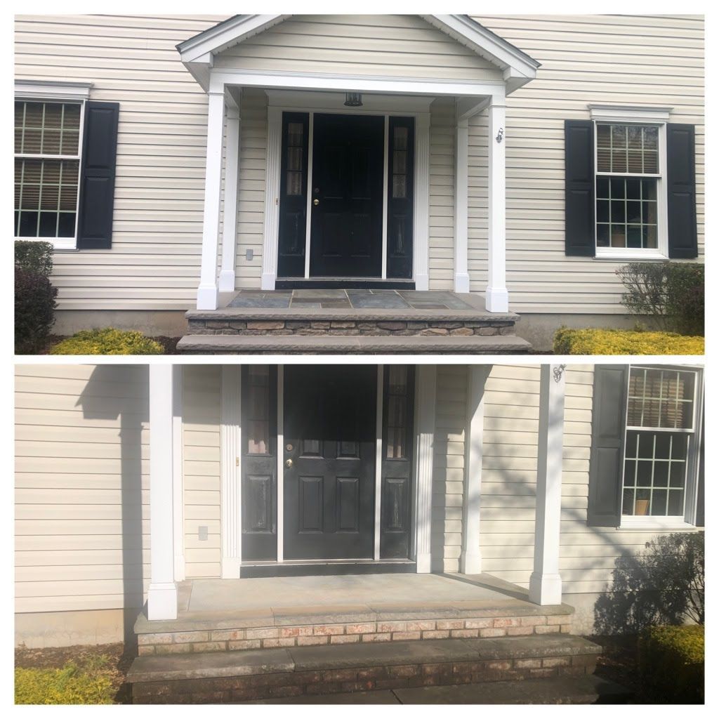 Split view of a house front porch before and after stone steps and porch columns were added