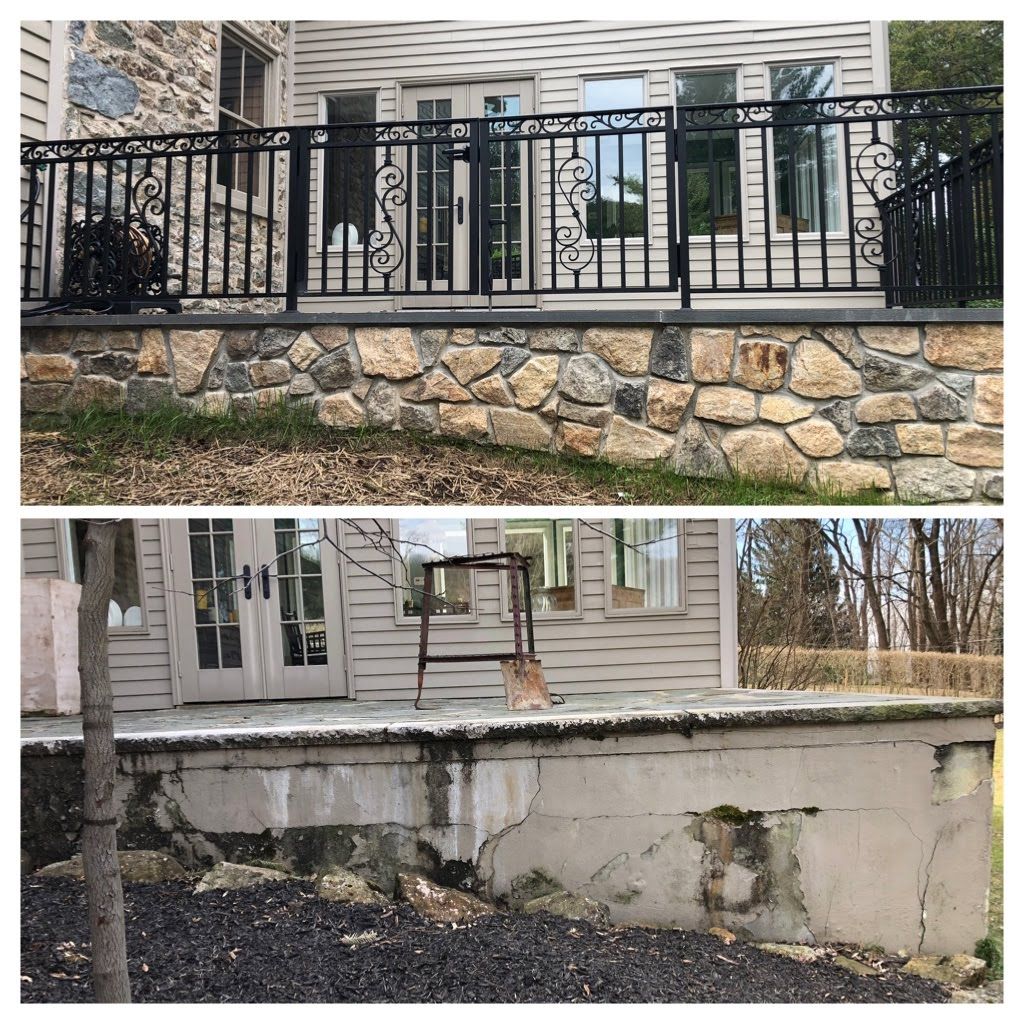 Before-and-after view of a stone retaining wall replaced by a cracked concrete wall under a house deck.