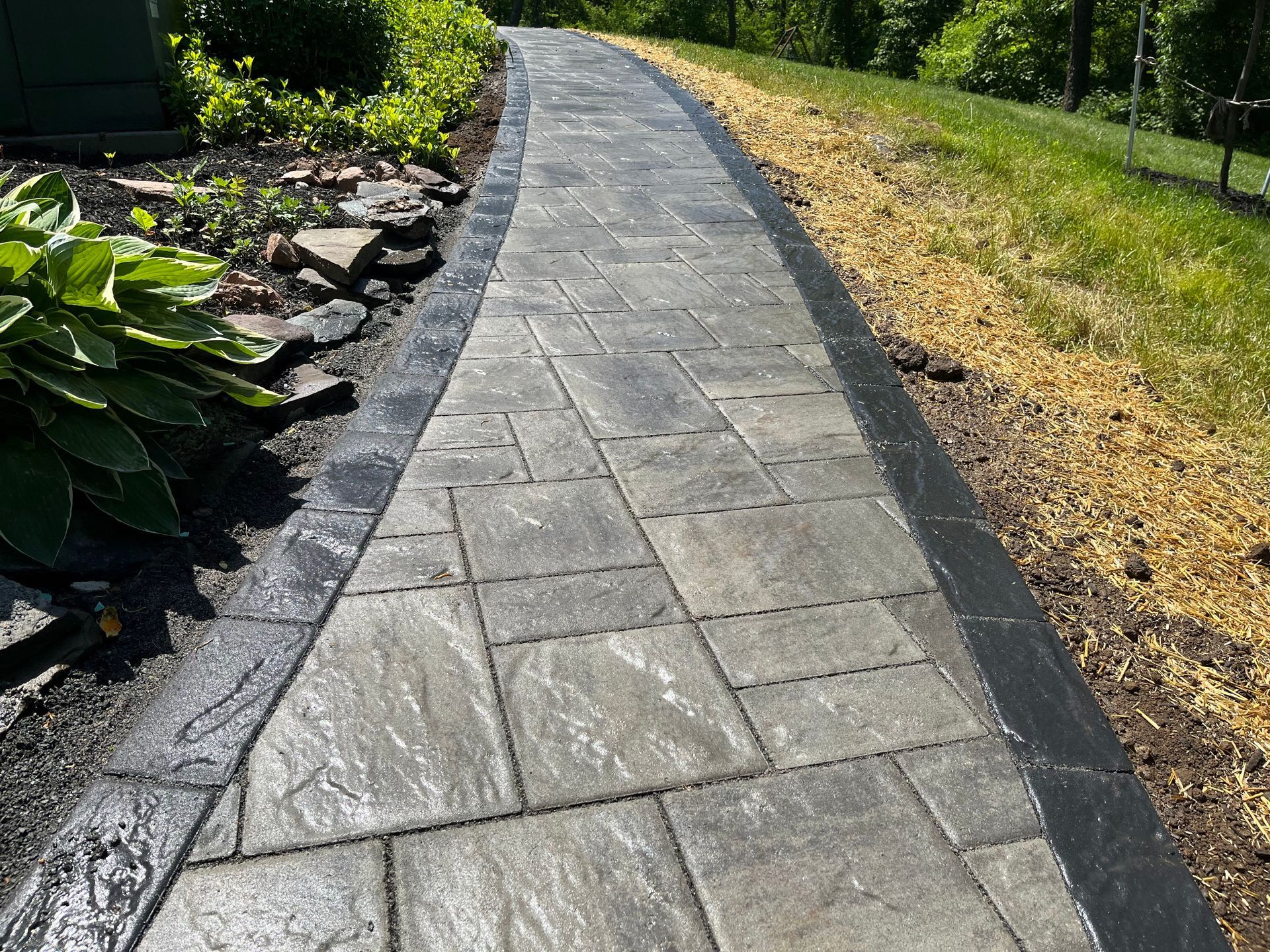Stone walkway curving through a garden, bordered by rocks, green plants, and dry grass