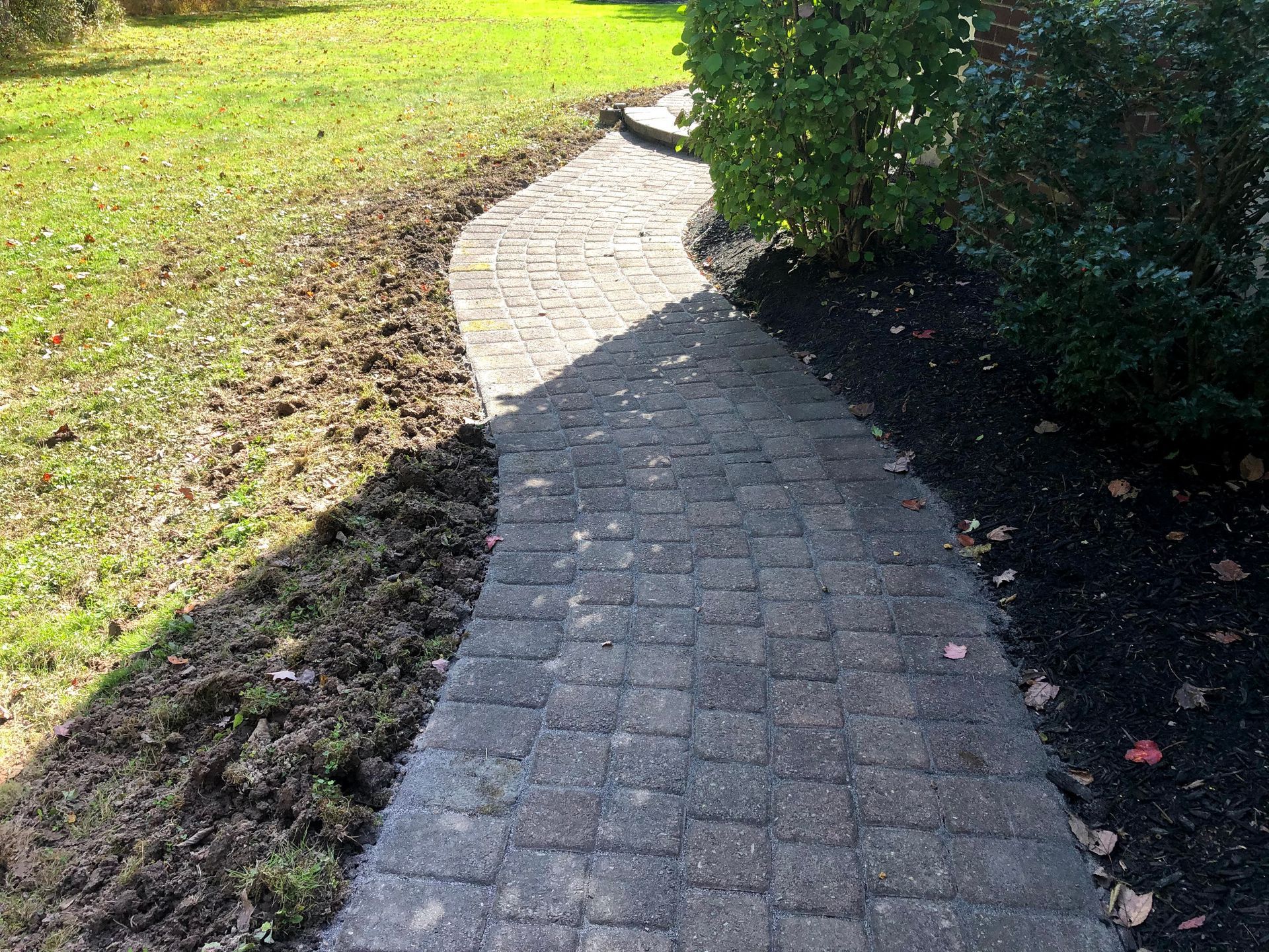 Curved brick walkway beside grass and shrubs in a sunny garden