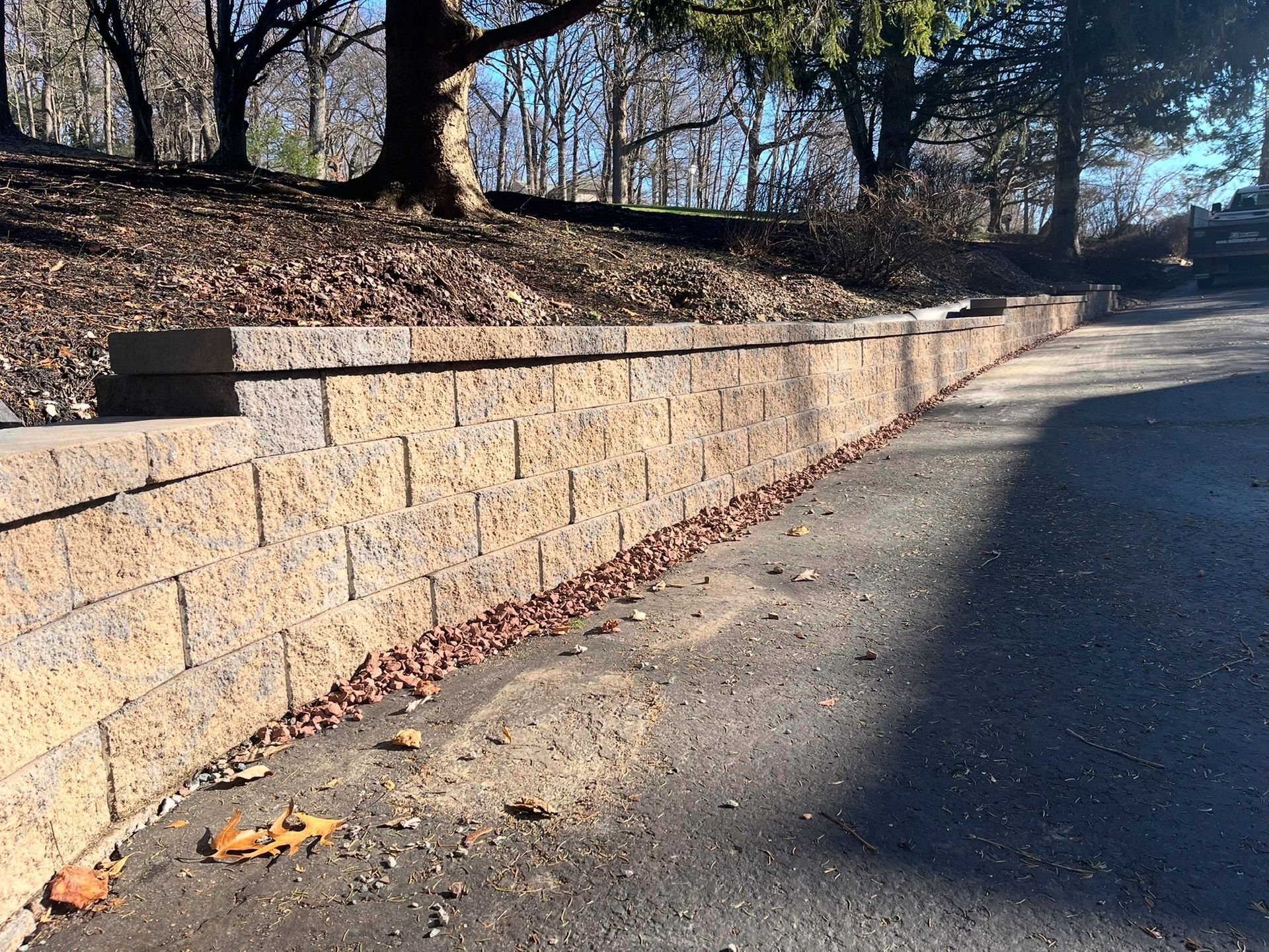 Stone retaining wall along a leaf-strewn road beside bare trees in winter light