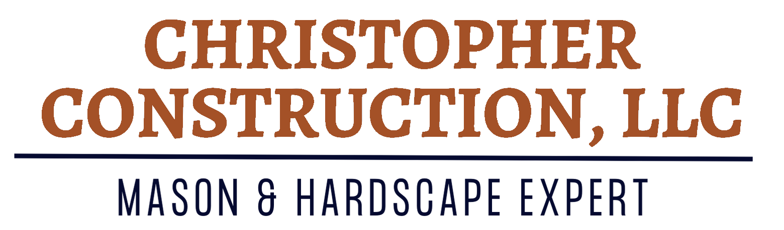 Christopher Construction, LLC logo with brown and blue text, “Mason & Hardscape Expert” tagline.