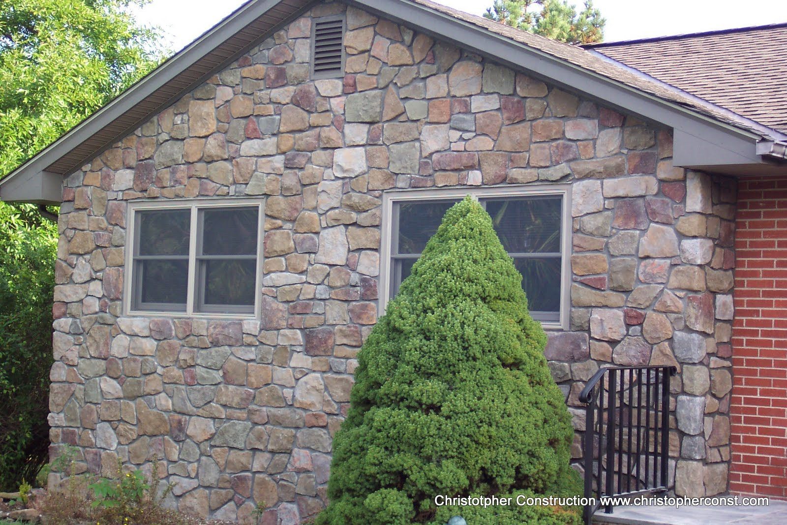 Stone house facade with two windows and a tall evergreen shrub in front