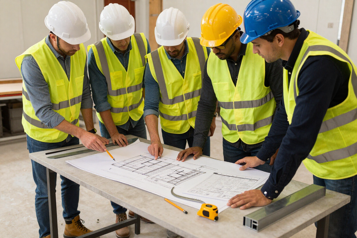 Obreros de la construcción con cascos y chalecos de seguridad revisan los planos en una mesa en una obra