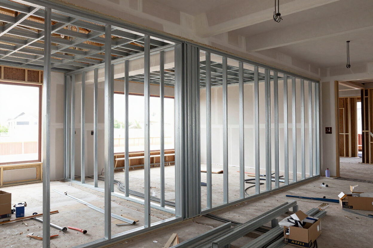 Obra interior con estructura metálica en las paredes, techo a la vista y herramientas esparcidas por el suelo