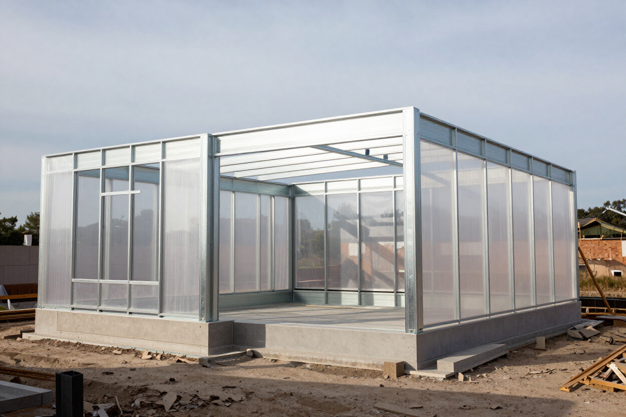 Estructura moderna de invernadero de cristal en construcción sobre un terreno de tierra