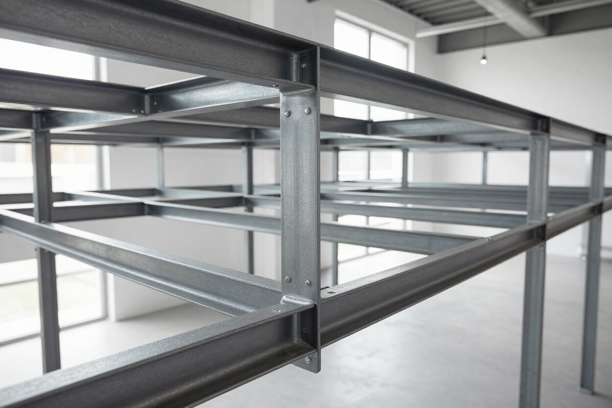 Estanterías metálicas vacías en una sala industrial luminosa