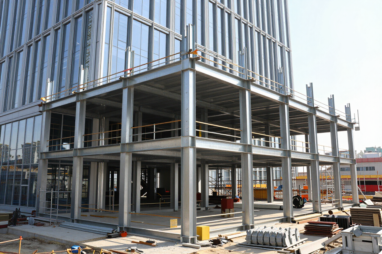 Edificio con estructura de acero en construcción, con columnas de hormigón, andamios y materiales de construcción en la obra