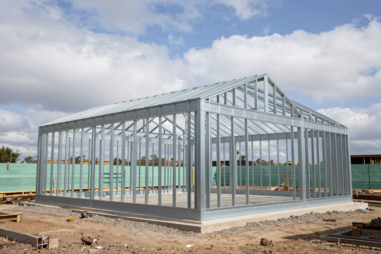 Estructura de acero de una casa en construcción sobre una losa de hormigón, con el cielo nublado.