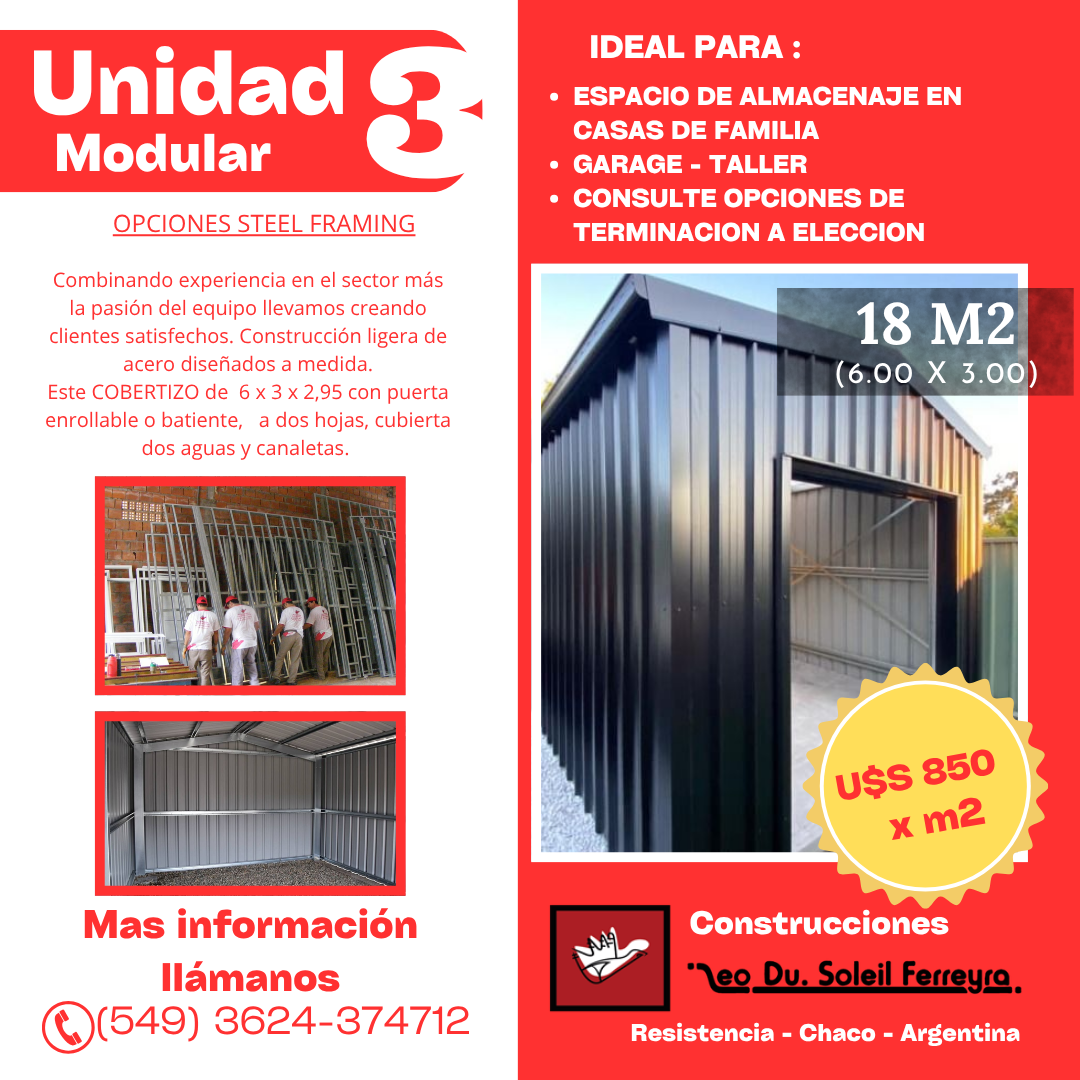 Anuncio rojo de una unidad modular negra de 18 m² con precio y datos de contacto.