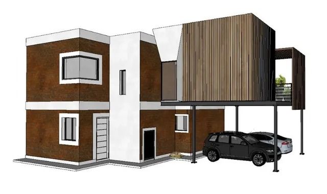 Casa moderna de dos plantas con exterior en tonos marrones y blancos, revestimiento de madera
