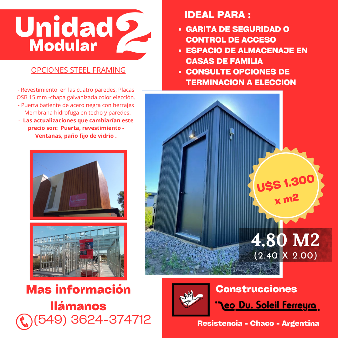 Anuncio de una cabina modular azul de seguridad/oficina de 4,80 m², con precio y datos de contacto.
