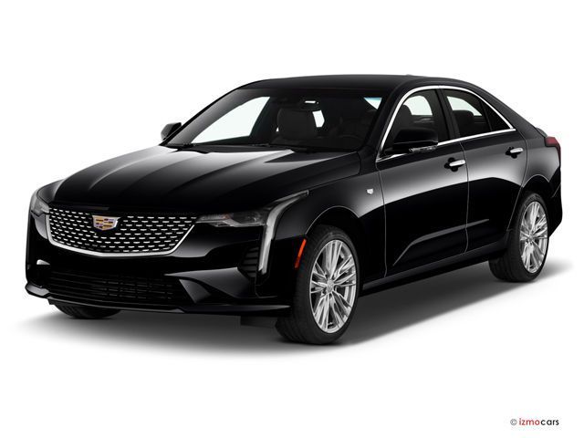 A black cadillac ct4 sedan is shown on a white background.