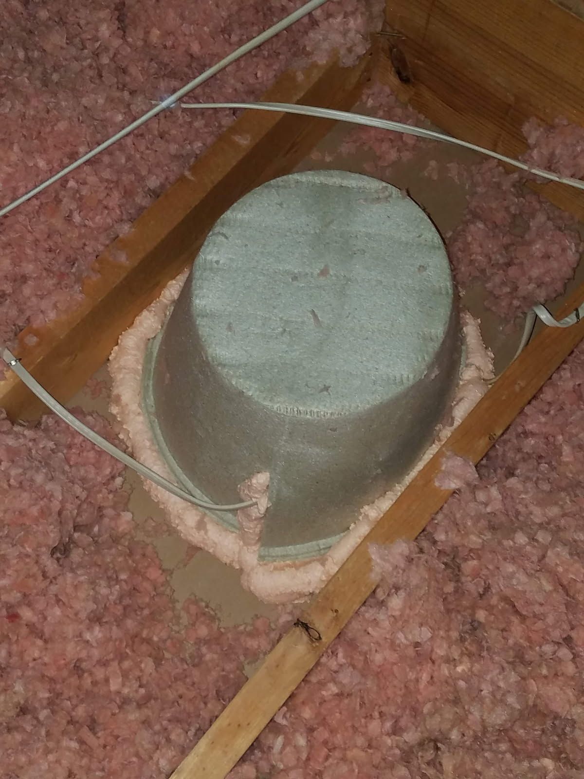 An interior view of a wooden attic frame with foam insulation between beams and a square skylight open to the sky.
