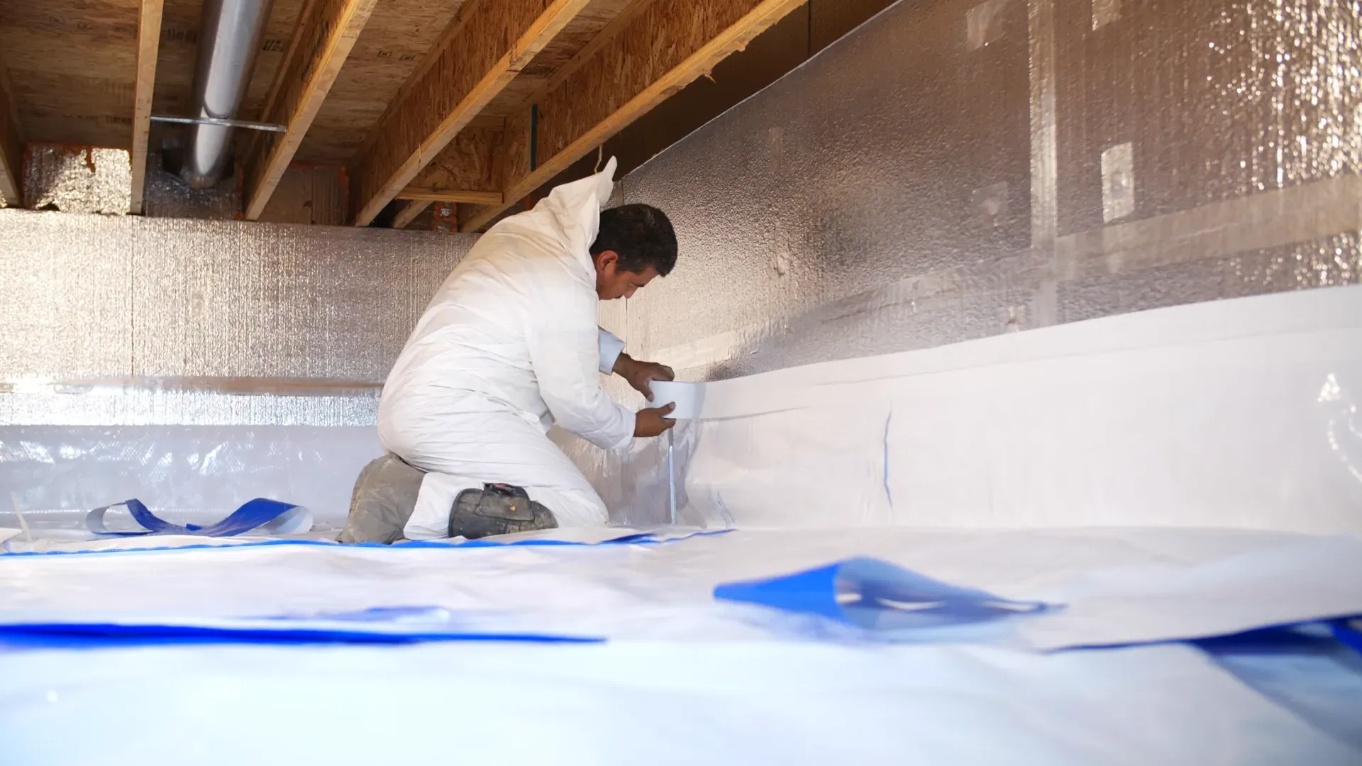 A person in a hard hat standing on a ladder and spraying white foam insulation onto an unfinished interior wall.