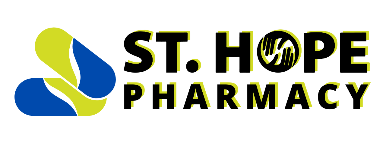 Logo for St. Hope Pharmacy with a pill-shaped symbol and stylized hands inside the letter O, in yellow, blue, and black.