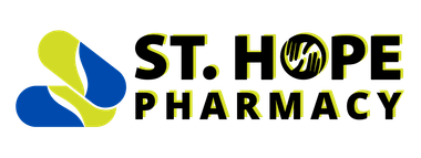 Logo for St. Hope Pharmacy with a pill-shaped symbol and stylized hands inside the letter O, in yellow, blue, and black.