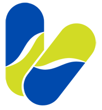 A stylized logo featuring two interlocking pill-shaped forms in blue and lime green with wavy white cutouts.