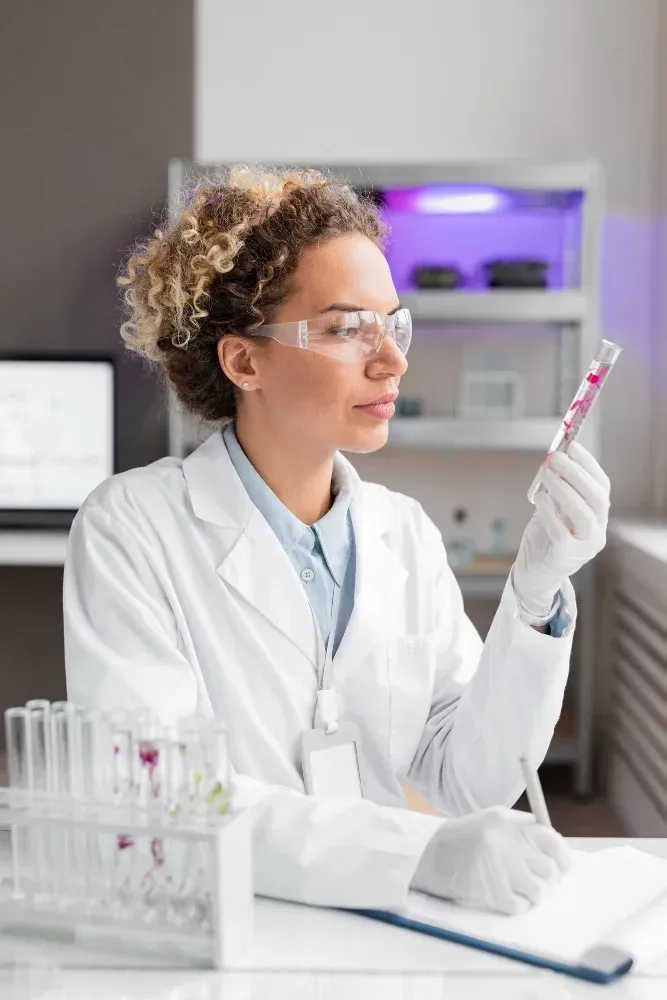 Scientist in lab coat examining a test tube with pink liquid. Wearing gloves and protective eyewear.