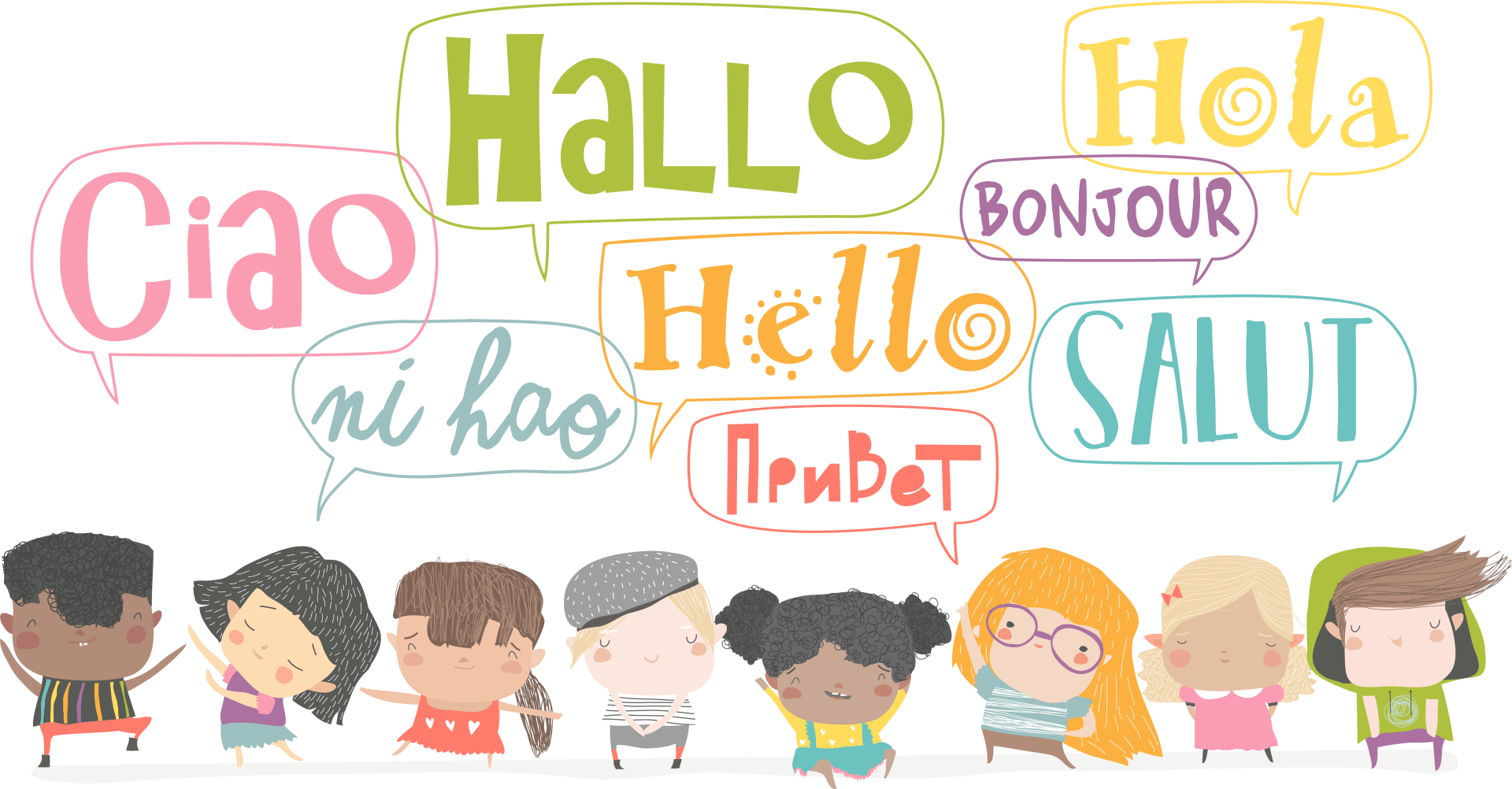 Children of diverse appearances surrounded by speech bubbles with “Hello” in various languages.