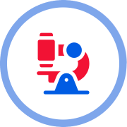 Red and blue microscope icon inside a blue circle.