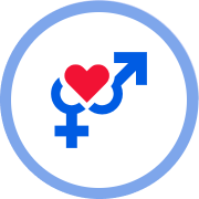 Blue gender symbols intertwined with a red heart, inside a blue circle.
