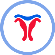 Red and blue stylized illustration within a blue circle, resembling a stylized throat or anatomical structure.
