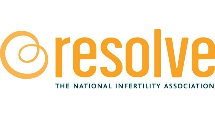 Logo for RESOLVE: The National Infertility Association. Orange text and design elements on a white background.