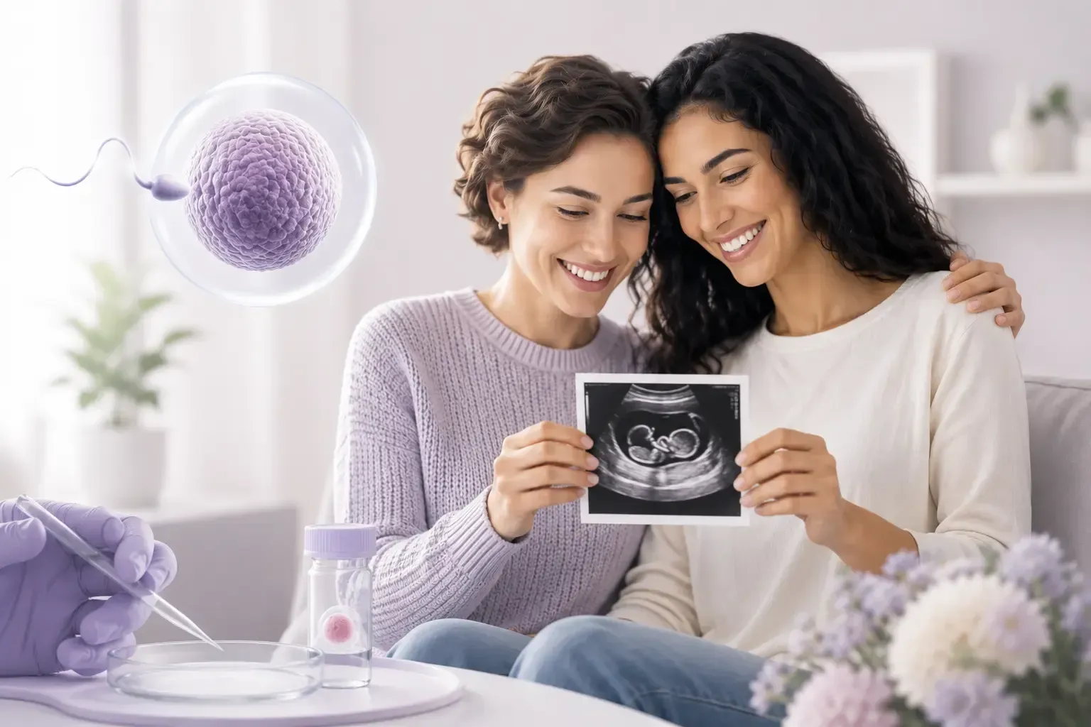 Lesbian couple holding a pregnancy ultrasound during their reciprocal IVF journey at Precision IVF