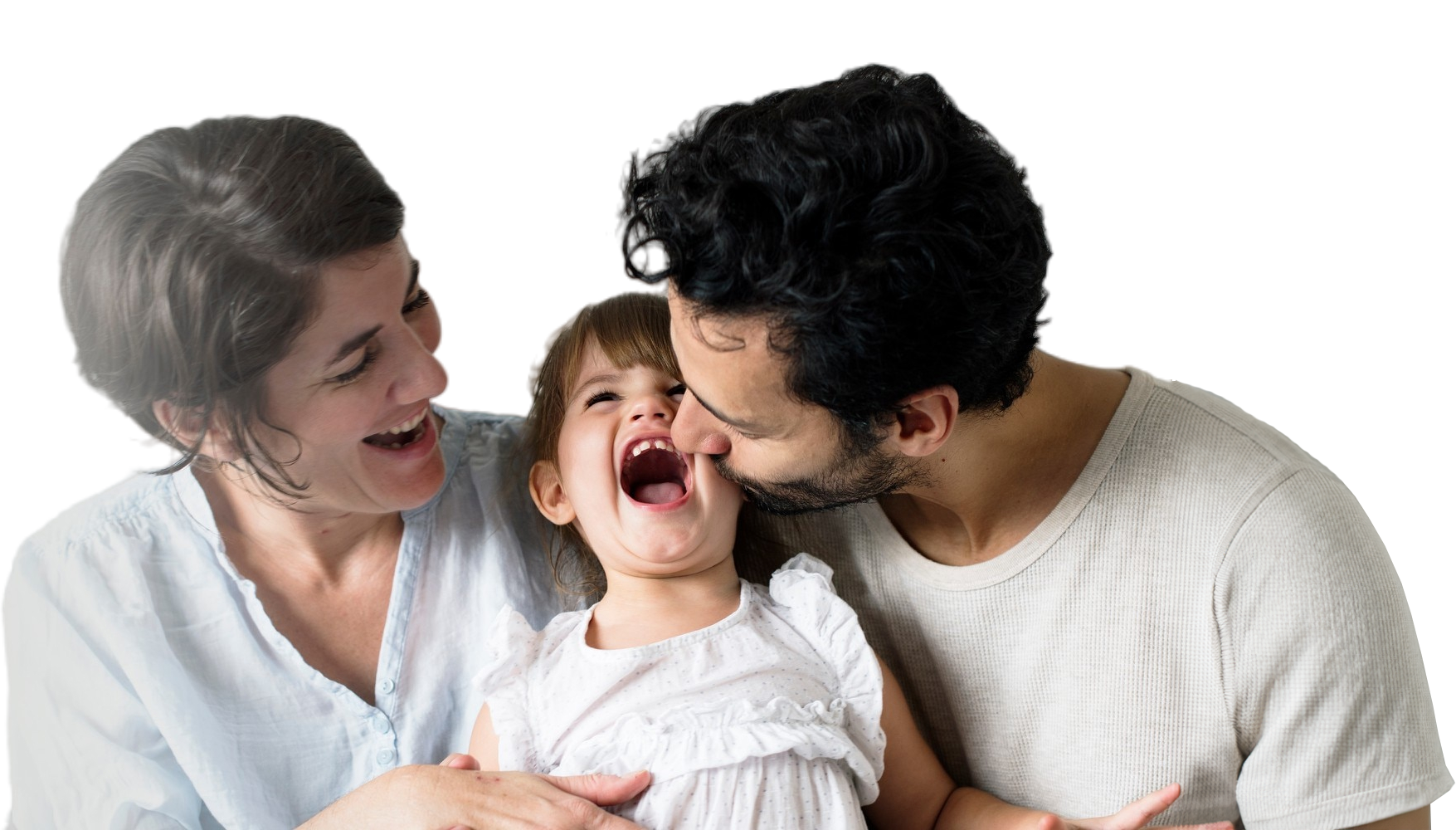 Family of three, laughing together: a woman, a child, and a man, smiling close.