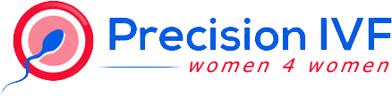 Logo for Precision IVF, featuring a sperm approaching an egg, with the text “Precision IVF women 4 women.”