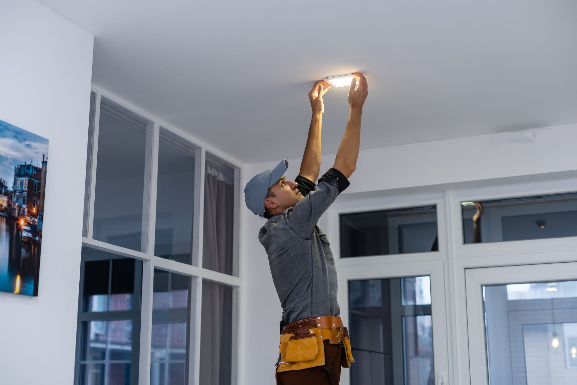 An electrician is installing free LED lighting spotlights on the ceiling.