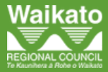 Waikato Regional Council logo: white text and wave design on a green background.
