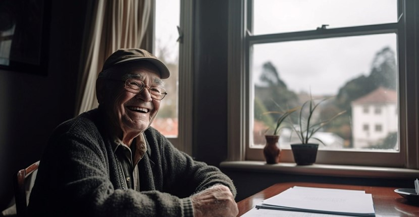 An elderly man is sitting at a table in front of a window.