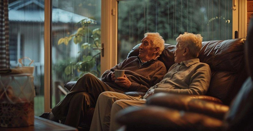 An elderly couple is sitting on a couch in front of a window.