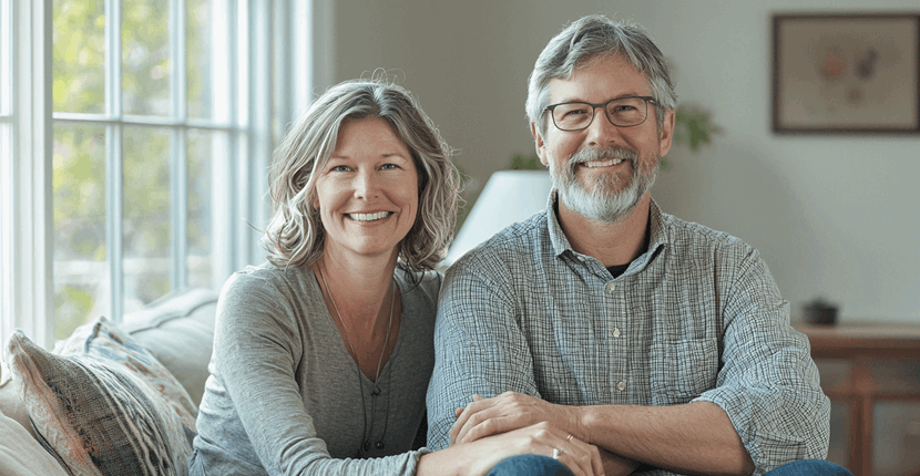 A man and a woman are posing for a picture while sitting on a couch.