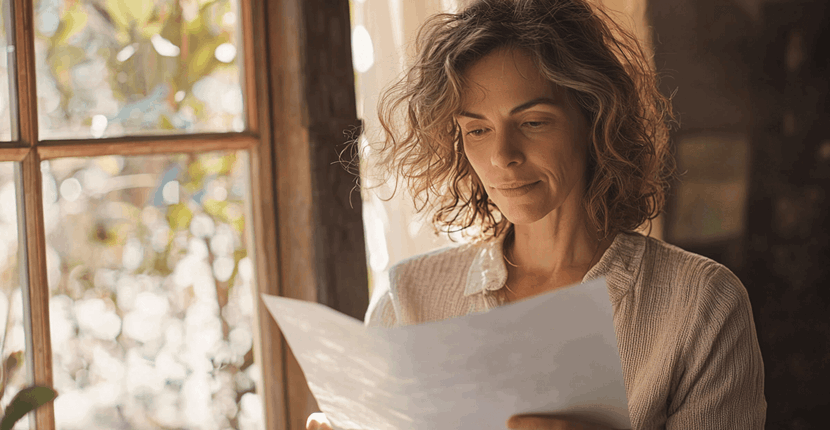 A woman is sitting in front of a window reading a piece of paper.