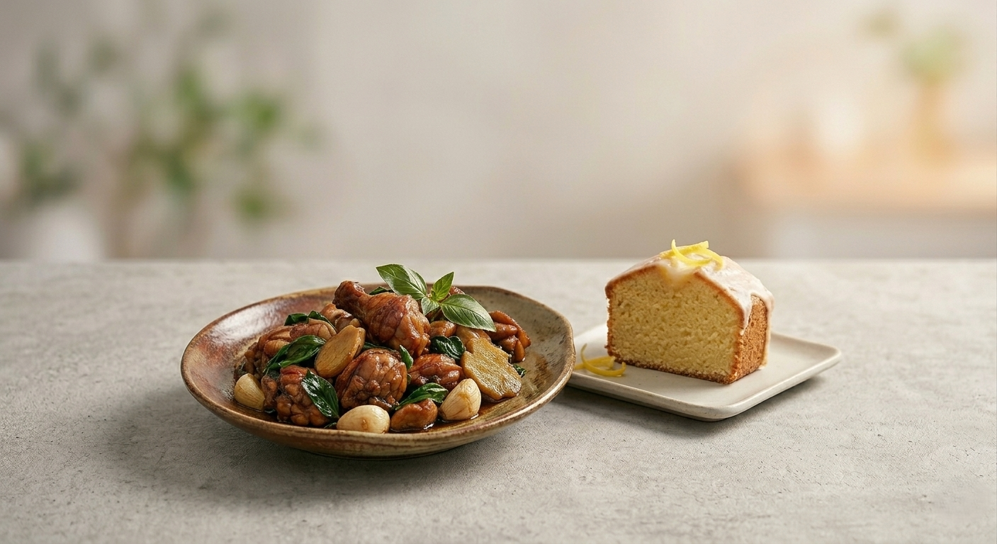 Three-cup chicken, lemon pound cake