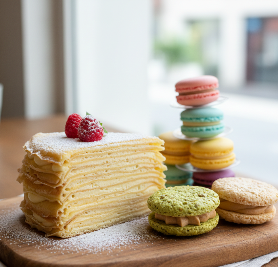 Crepe cake, dacquoise, or macarons