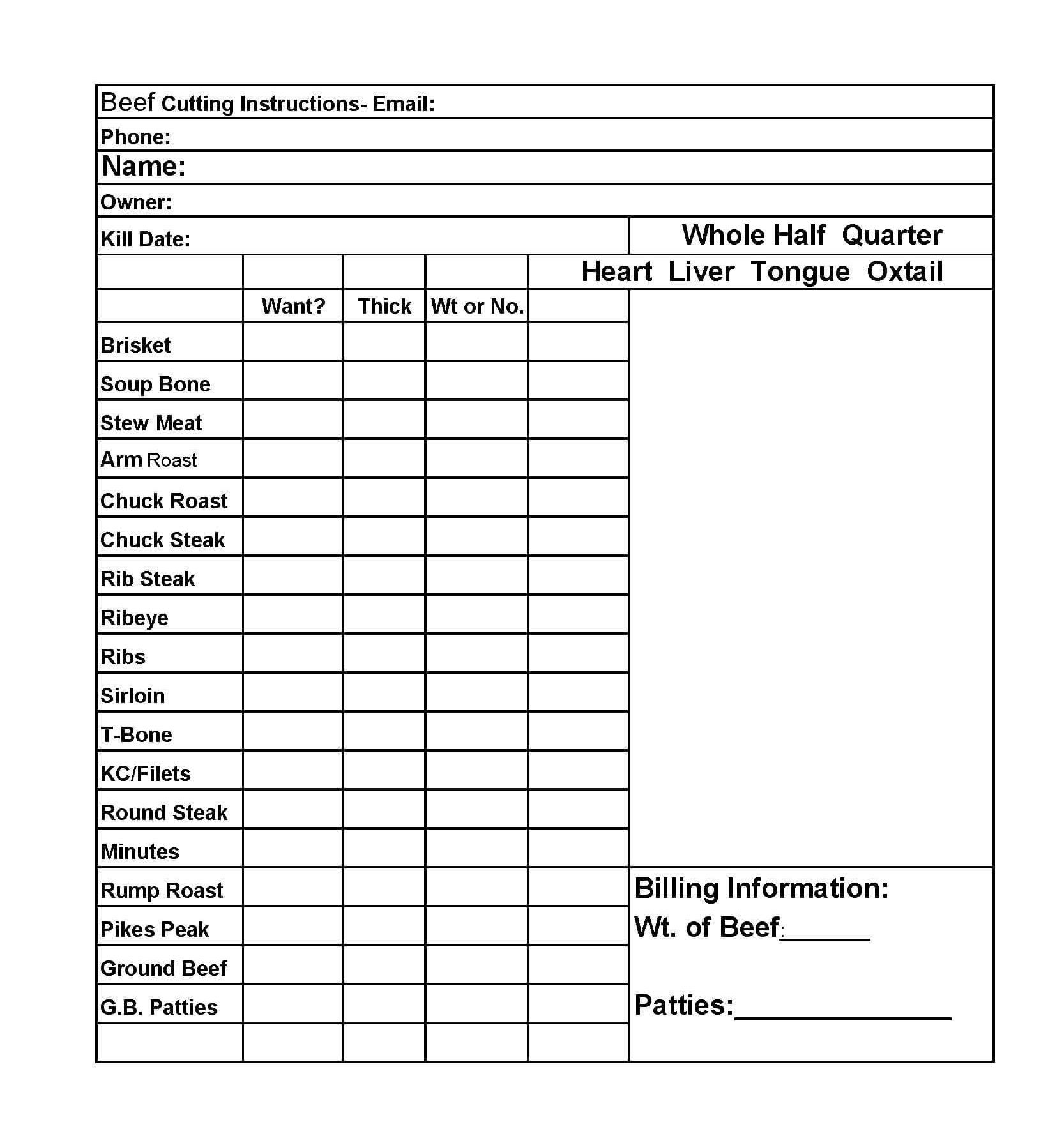 a beef cutting instructions sheet with a list of beef cuts .