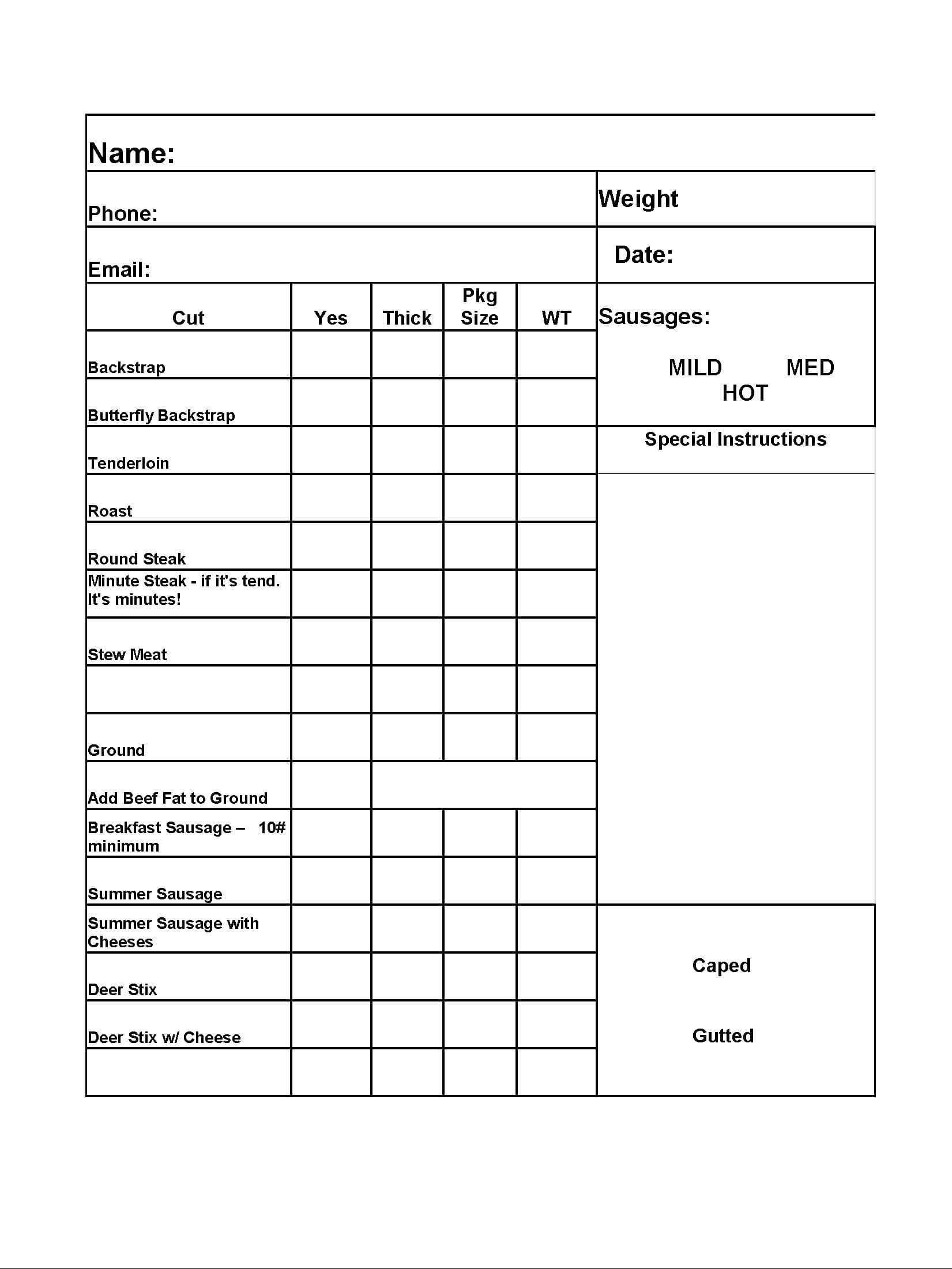 a sheet of paper for deer processing that says name phone email and weight