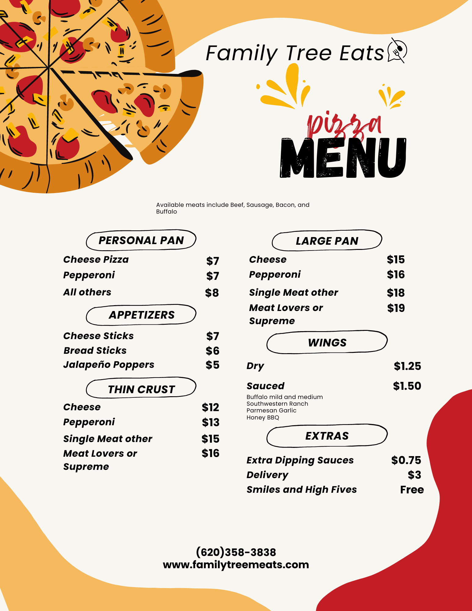 A menu for a pizza restaurant with a pizza on it.