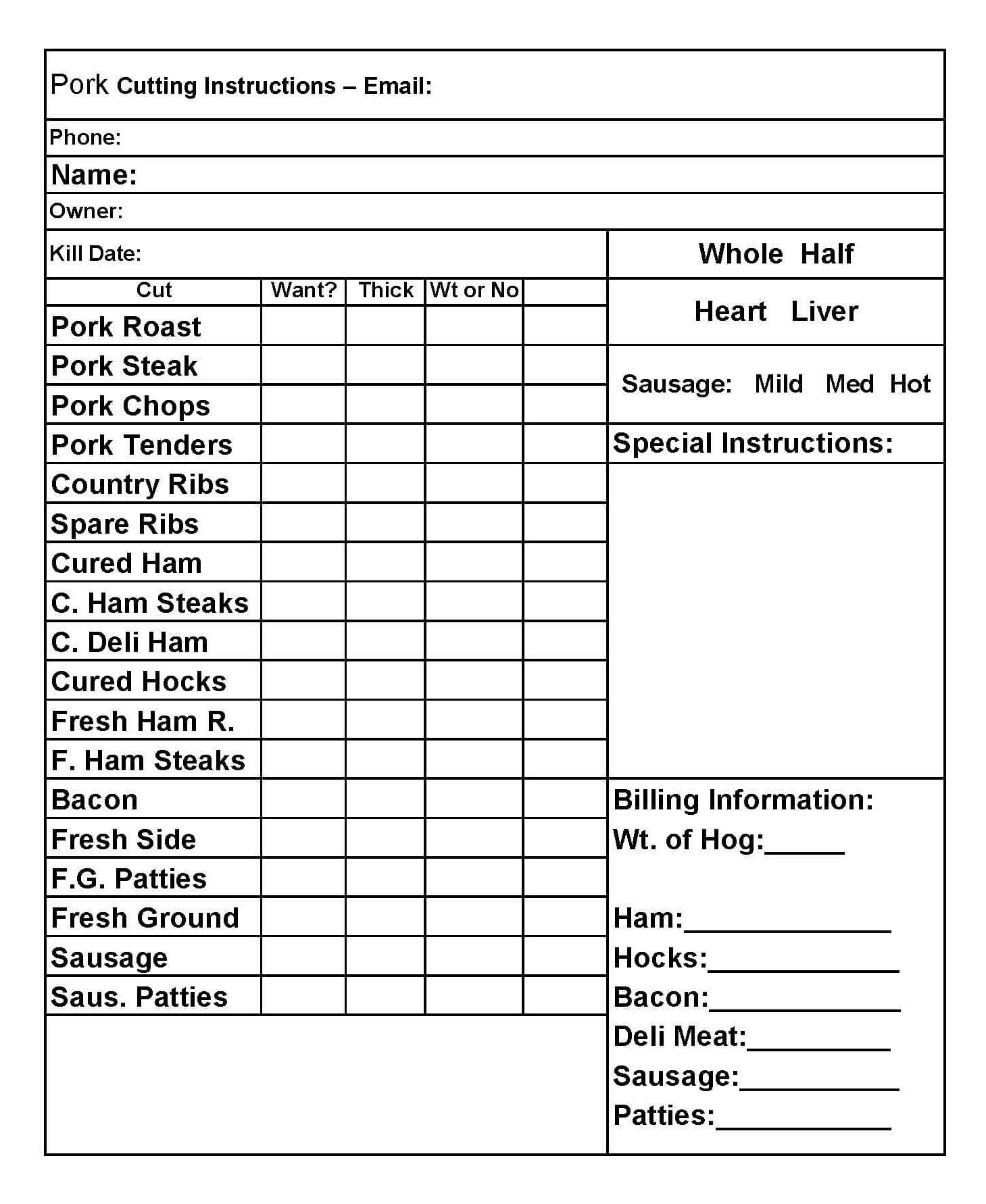 a pork cutting instructions sheet with a phone number and email address