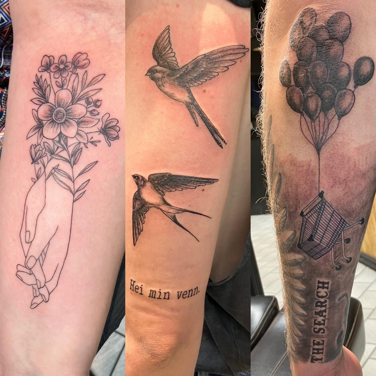 Tre min tatoveringer: blomster i hånd, to svaler med teksten 