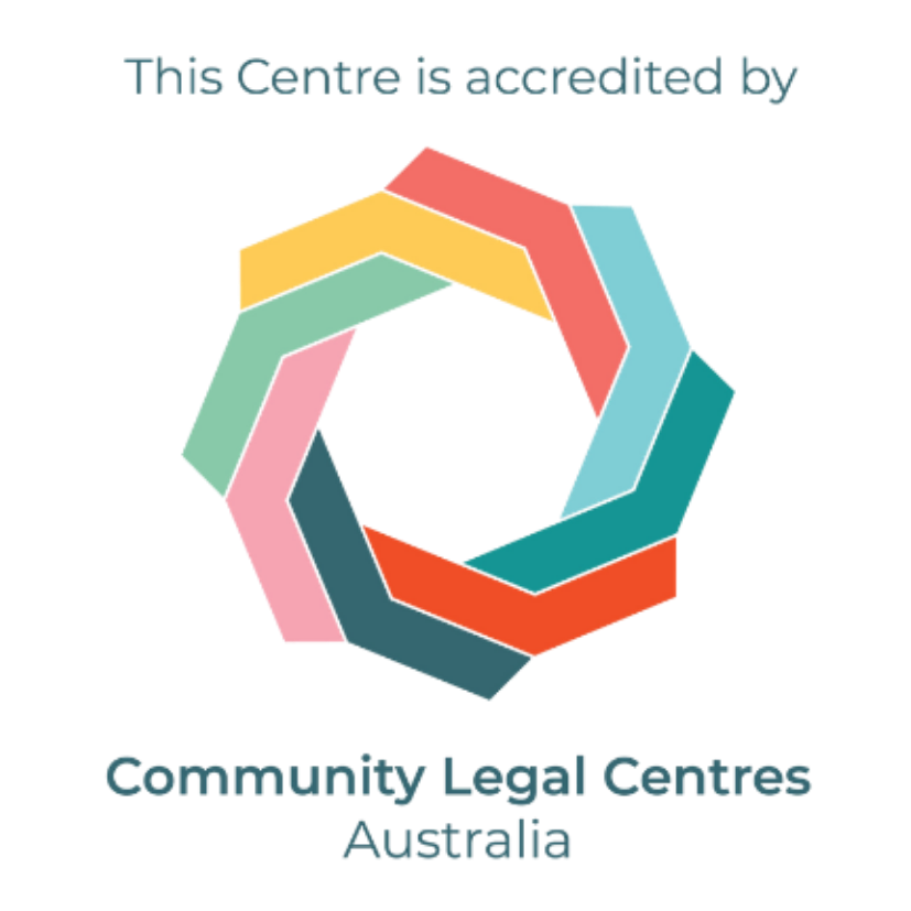 Accreditation logo for Community Legal Centres Australia with multicolor geometric ring and text