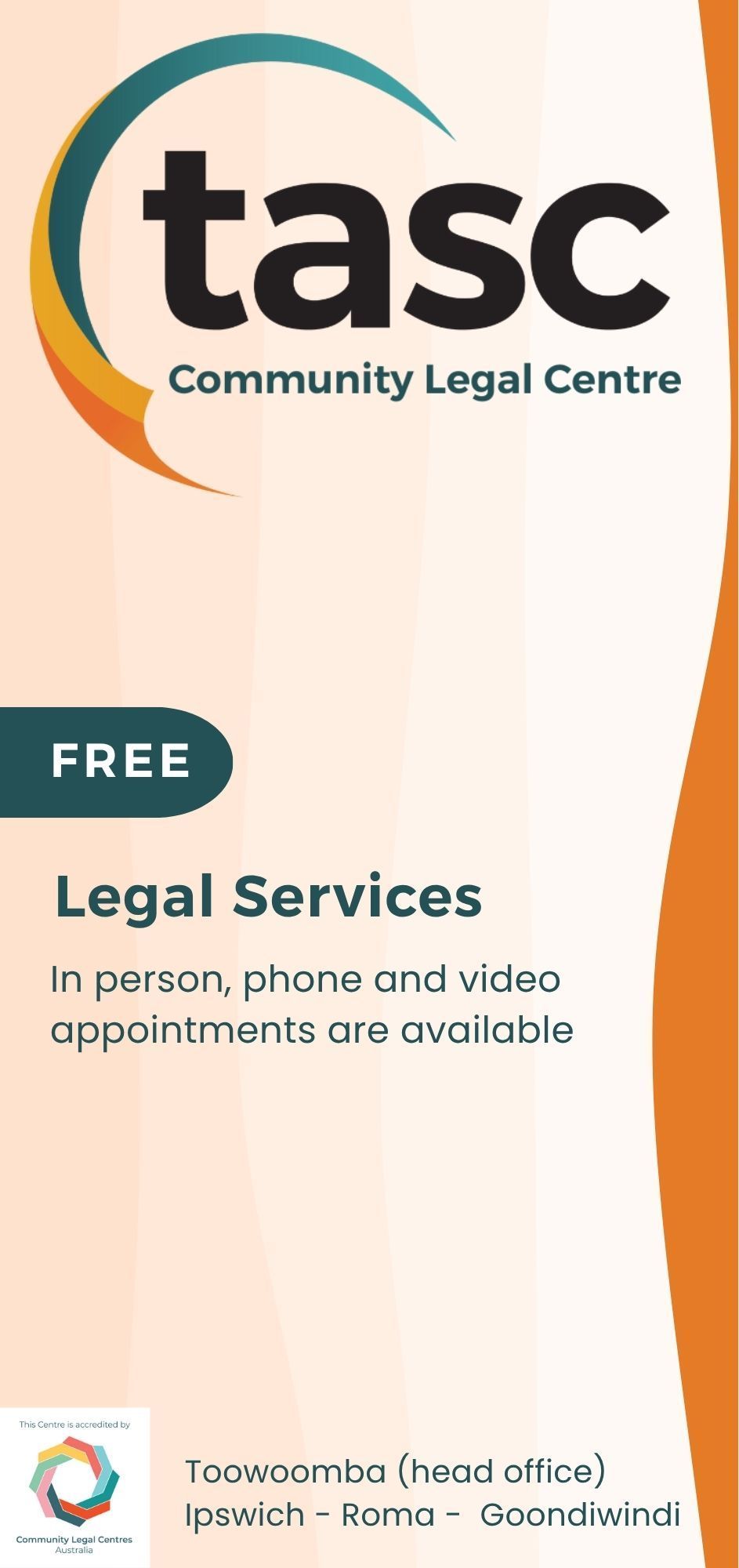 Front cover of Tasc Community Legal Centre's Legal Services flyer