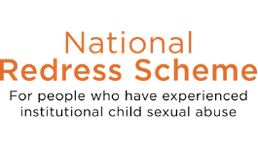 National Redress Scheme logo with orange text and subtitle about institutional child sexual abuse